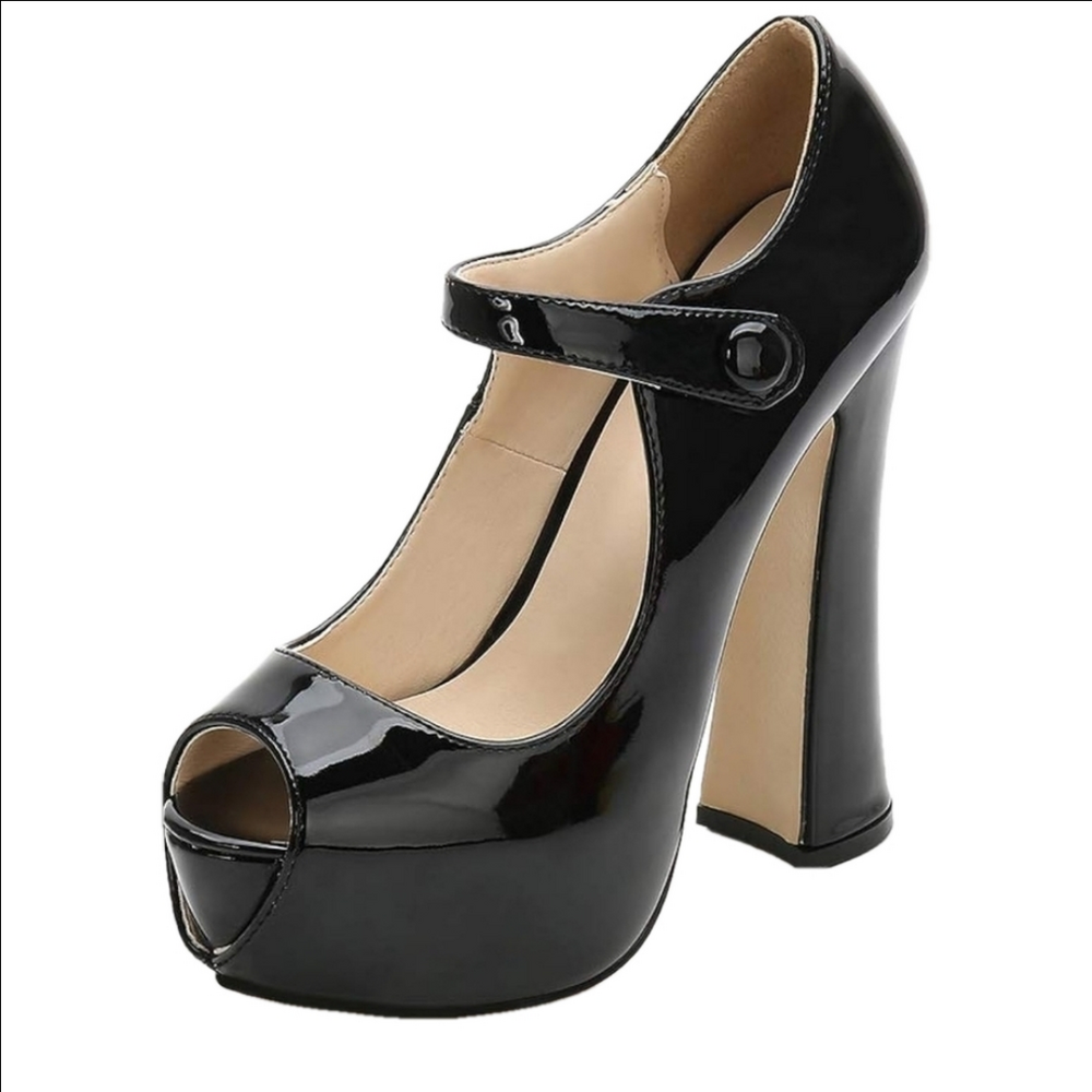 Women's Peep Toe Hidden Platform Ankle Strap Chunky High Heel Pumps PU Black